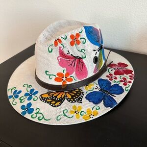 Hand painted and embroidered white and multi-colouredhat